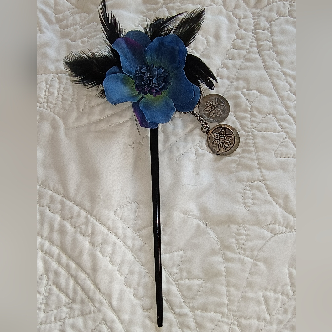 Vintage Handmade Feather, Shell, Leather, Coin & Flower Hairstick